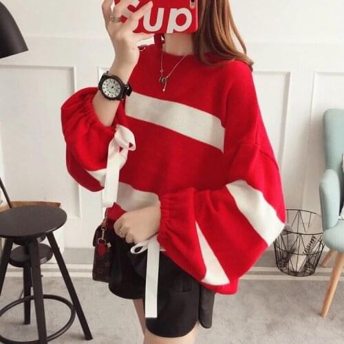 Pullover Sweater 2021 Lace-up Casual Loose Round Neck Patchwork Knit New Autumn Winter Sweaters Vestidos LXJ1057