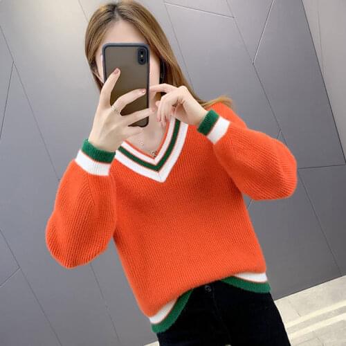 Autumn Women Fashion Pullovers Sweater Female Fall Soft Cotton Loose V-neck Knitted Tops Ladies Thin Casual Vestidos H417