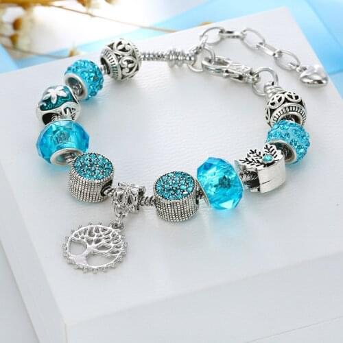 SZELAM Green Tree Of Life Bracelets&Bangles For Women Jewelry Silver Heart Crystal Bracelet Charms Flower Bracelet SBR190430