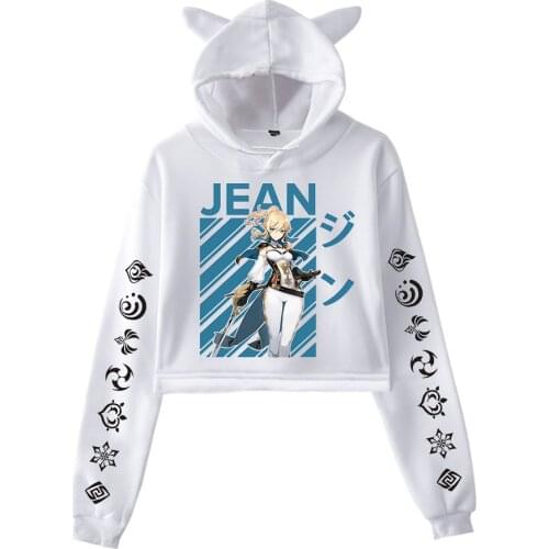 The Newest Genshin Impact Hoodies Women Kawaii Crop Tops Hooded Cat Ear Sweatshirts Casual Spring Autumn Girls White Pullovers
