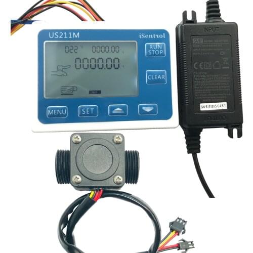US211M USN-HS43TAT Water Flow Metera and Hall Water Flow Sensor 1-60 L/min Flow Displayer Totaliser Volume with Power Adapter