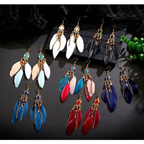 Boho Ethnic Womens Long Tassel Feather Earrings Pendientes Vintage Oval Multicolor Stone Dangle Earrings Wedding Party Jewelry