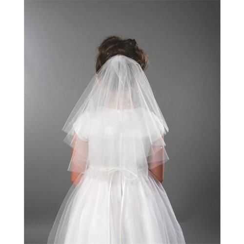 White Ivory Kid Girls First communion Veils Tulle Beaded Two Layers Wedding Flower Girl veil Voile Mariage Fille velo novia 2019