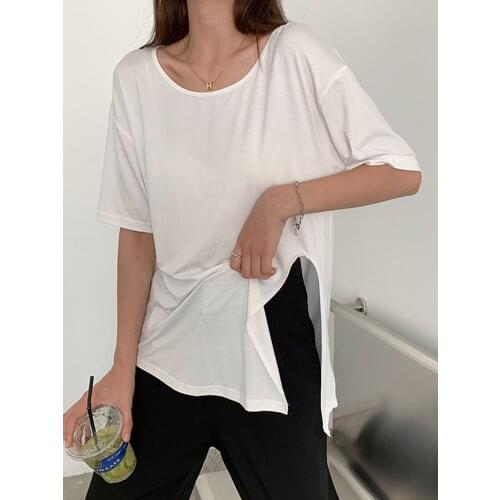 Modal Cotton Split Short-sleeved T-shirt Women 2021 Summer Black Long Ice Silk Thin Loose Large Size Mask Top