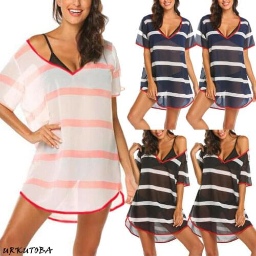 Women Summer Sheer Chiffon Beach Wear Bikini Cover Up Kaftan Boho Short Sleeve Sexy Striped See Through Mini Sun Dress
