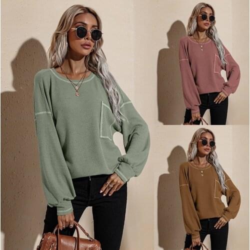 Women Long Sleeve Loose Deep Round Neck Big Pocket T-Shirt Casual Blouse Top Solid Color All-match Lovely Girls T-shirt