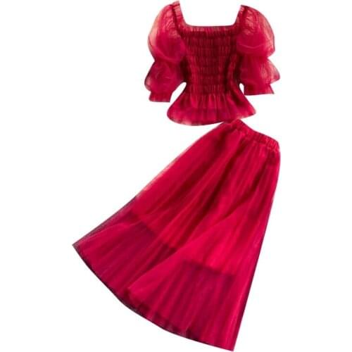 2021 Summer Beach Vacation Women 2 Piece Set Fashion Elastic Slim Short Top+Pleated Long Skirt Two Piece Set