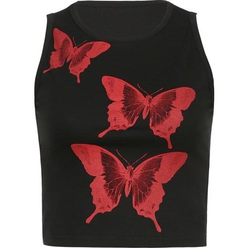 New womens butterfly print hit color fashion cropped o neck sleeveless slim top women