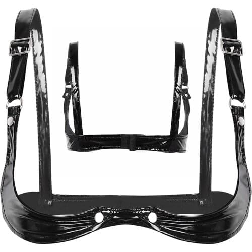 Womens Lingerie Open Cup Bra Adjustable Spaghetti Straps Wire-free Hot Bra Sex Costume Wetlook Faux Leather Open Cup Bra Top