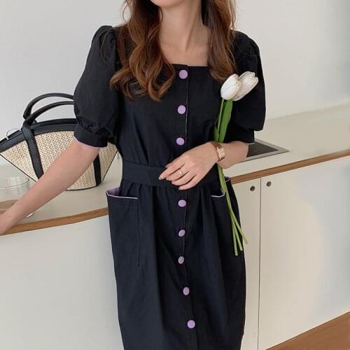 Korean Chic Summer Niche Temperament Square Collar Hit Color Single-Breasted Waist Slimming Big Pocket Puff Sleeve Dress