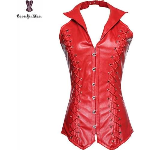 Steampunk Vest Corset V-Neck Gothic Bustier Overbust Faux Leather Corselet Plus Size Solid Red Black Korset Steel Boned Corsets