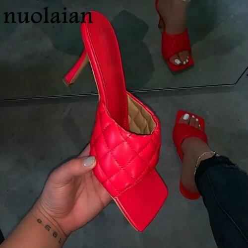 2020 Womens Summer Pump Shoes Red Leather High Heels Slipper Sandal Shoe Woman Square Toe Party Sandals Lady High Heel Shoes 9CM