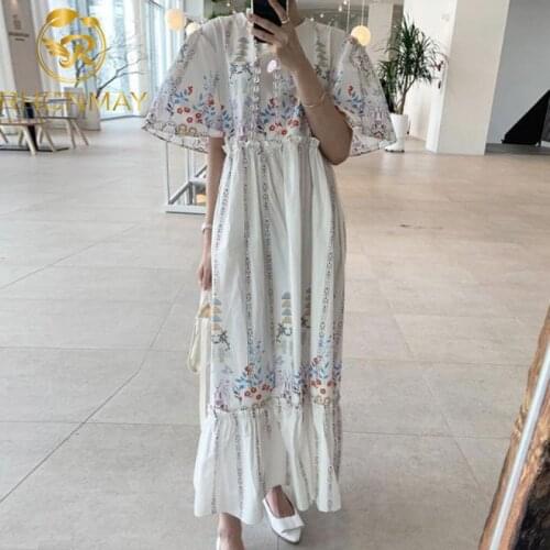 2021 Summer Boho Floral Print Pleated Dress Short Sleeve Women Ankle-Length Dress Elegant O Neck Loose Ladies Dresses