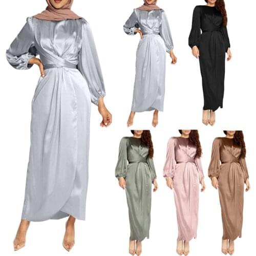 Women Arab Muslim Satin Puff Long Sleeve Maxi Dress Solid Color Wrap Front Self-Tie Abaya Dubai Turkey Hijab Robe Kaftan