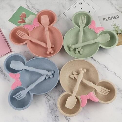 Natural Wheat Straw Bowl Baby Cartoon Tableware Set Toddler Kids Dinner Feeding Food Plate Children Training Bowl Spoon Fork