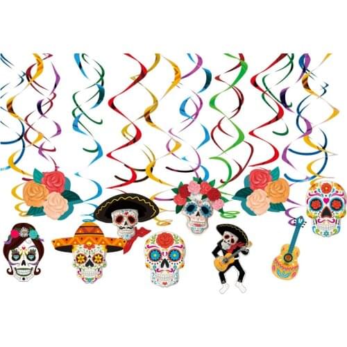 Cinco De Mayo Mexico Party Decoration Hanging Skull Shaped Swirls Banner Cupcake Topper Birthday Party Favors Supplies