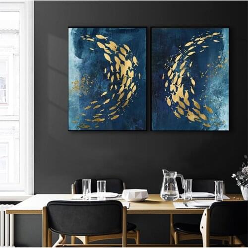 Home Decoration Wall Painting For Living Room Abstract Nordic Style Wall Art Canvas Painting Golden Fish Blue Sea Poster