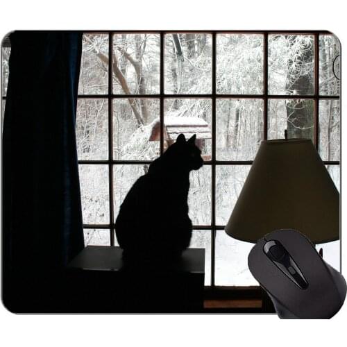 Mouse Pad with Stitched Edge,Lamp Snow winter cat window Non-Slip Rubber Base Mousepad