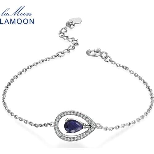 LAMOON 5X7mm Teardrop 100% Real Blue Sapphire 925 Sterling Silver Jewelry S925 Charm Bracelet LMHI036