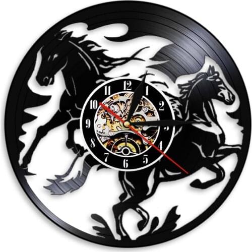 Horse Vintage Vinyl Record Wall Clock Nature Black Running Horses Wall Clock Home Decor Accessories Gift for Horse Lover relojes