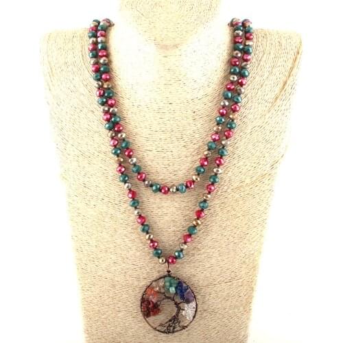 MOODPC Fashion 150cm Multi Glass Long Knotted Crystal Necklaces 7 Chakra Life Pendant Women Ethnic Necklace