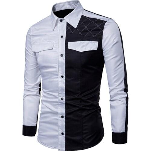 Mens Shirts Casual Patchwork Long Sleeve Cardigan Shirts USA/EU Size Contrast Slim Type Turn Down Collar Tops