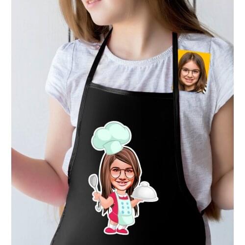 Personalized Small Chef Caricature Of Female Child Black Kitchen Önlüğü-6