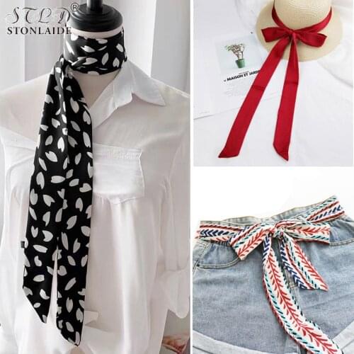 HOT Neck Cover Korean Imitation Silk Long Scarf For Women Variety Printing Belt Hair Ribbon Skinny Scarf Neckerchief Tie Scarfs