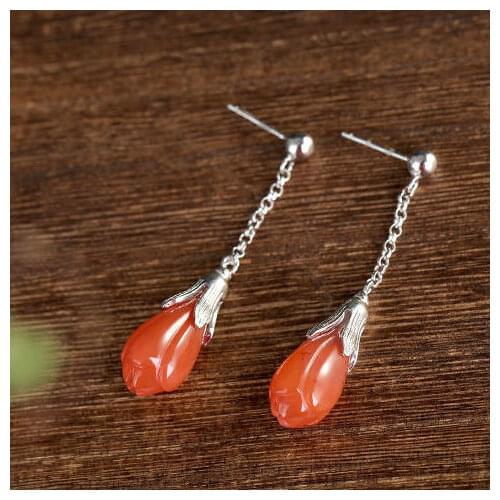 S925 Sterling Silver Inlaid Natural South Red Agate Retro Personality Magnolia Womens Earrings Earrings Earrings for Women