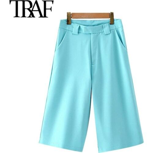 TRAF Women Chic Fashion Side Pockets Straight Shorts Vintage High Waist Zipper Fly Female Short Pants Mujer