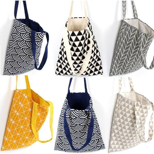 Handmade large capacity shopping bag reusable cotton and linen handbag environmental protection shoulder bag lunch bag