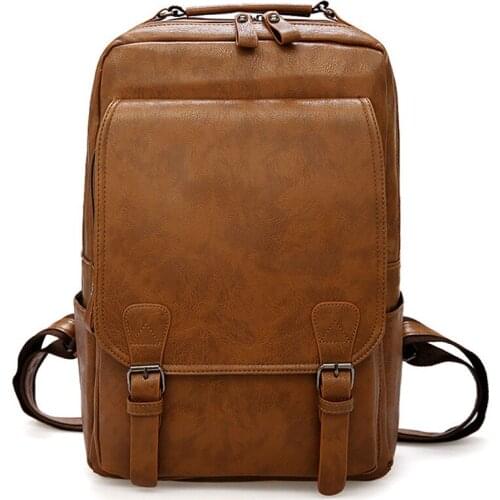 Large Capacity Laptop Backpack Men Casual Fashion Bags For Men Retro Zipper PU Leather Backpacks Male Travel Waterproof Bag Man