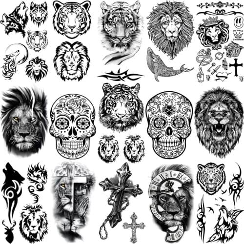 Tiger Lion Wolf Whale Temporary Tattoos For Adult Men Boy Kids Cross Compass Thorns Skull Fake Tattoo Neck Arm Hands Small Tatoo