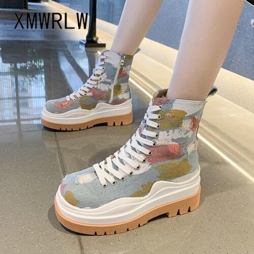 XMWRLW Womens Canvas Shoes 2021 Spring Autumn Casual Lace up Ankle Boots For Women Autumn Shoes High Heels Female Boots Shoe