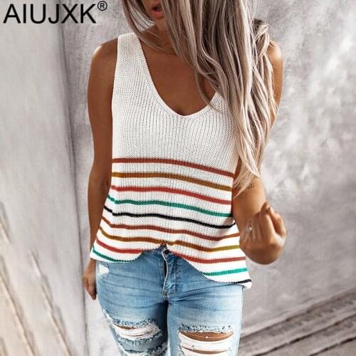 AIUJXK Rainbow Striped Kniited Top Women 2020 New Arrival Summer T-shirt Tank Woman Loose V Neck Casual Knitwear Woman Clothes