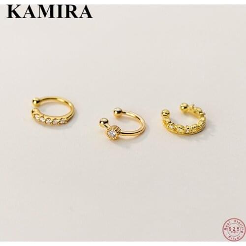 KAMIRA 925 Sterling Silver Hip-Hop Wave Shiny Zircon Beads Round Ear Clip Earrings for Women Kids Gothic No Pierced Gold Jewelry