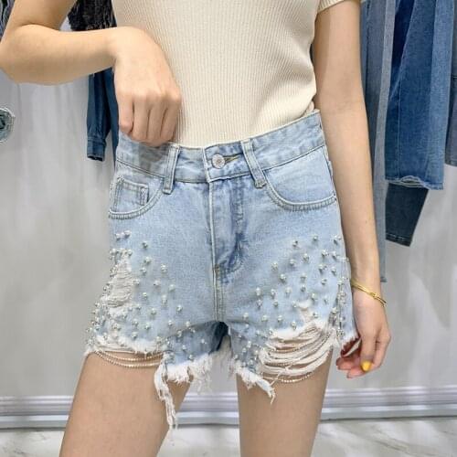 Women Solid Summer High Waist Ripped Frayed Denim Shorts 2020 Beading Distressed Cuffed Tassels Blue Jeans Sexy Club Hot Shorts
