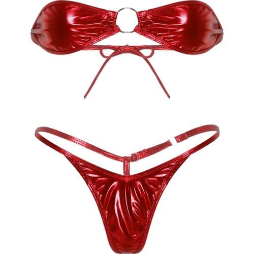 Womens Shiny Micro Metallic Bikini Sexy Lingerie Set Strapless Tie Back Mini Bra Top with Thong G-String Briefs Beach Underwear