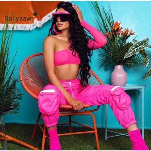 Women Two Piece Set One Shoulder Mesh Top + Cargo Pants Sexy Streetwear Yellow Pink Matching Tracksuit Sweat Suit Jogger Outfit