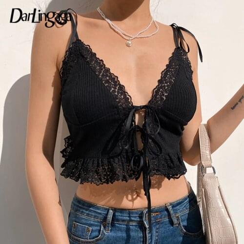 Darlingaga V Neck Lace Patchwork Black Sexy Top Camis Fashion Strappy Y2K Crop Top Female Ruffles Tie Up Summer Party Tops Short