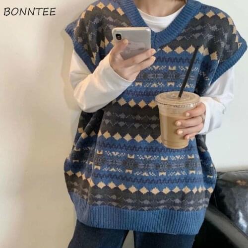 Sweater Vest Women V-Neck Sleeveless Knitting Patchwork Stylish Prevalent Vintage Loose All-match Korean Style Casual Autumn New