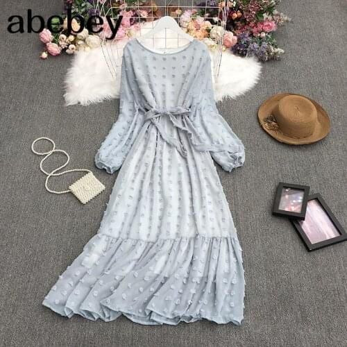 2021 New Summer Women Temperament All-match O-neck long sleeve Dress waist slim Ruffles big skirt Dress
