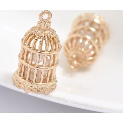 2PCS 11x21MM 24K Champagne Gold Color Plated Brass with Zircon Bird Cage Charms Pendants High Quality Diy Jewelry Accessories