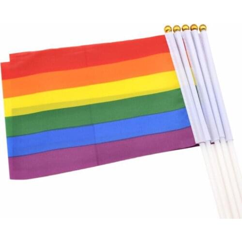 500pcs/lot 14*21 cm Gay Pride Flag Lesbian LGBT Colorful Rainbow Hand Waving Banners With Plastic Flagpoles LX7912