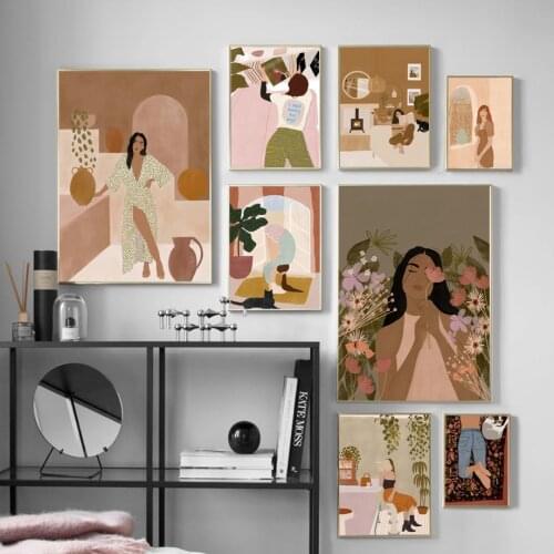 Fashion Girl Read Flower Abstract Minimalist Wall Art Canvas Painting Nordic Posters And Prints Decor Pictures For Living Room
