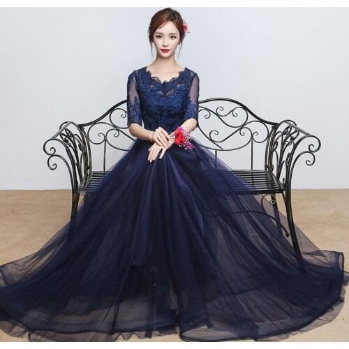 Long Elegant A-line Grey Lace Evening Dresses 2019 Half Sleeve Appliques Wedding Party Occasion Prom Dresses Size S-3XL