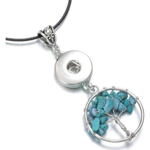 DZ1724e Fashion Natural stone beads Leather Necklaces Mini Crystal Tree of Life Pendant Necklace For Snap Button Jewelry