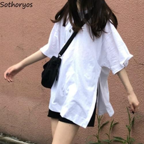 T-shirt Girls Solid Short Sleeve Tees Side-slit Harajuku Korean Style Ins Trendy Leisure Simple All-match Oversize Womens Tshirt