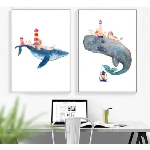 Whale Lighthouse Canvas Painting Wall Art Posters And Prints Nordic Poster Watercolor Wall Pictures Kids Room Decor