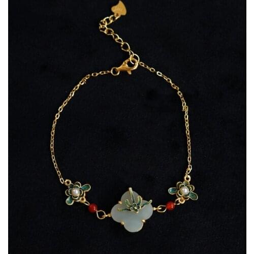 Delicate Hetian Stone Enamel Flower Bracelet Elegant Chinese Style Gold Jewelry For Women Wedding Engagement Anniversary Gift